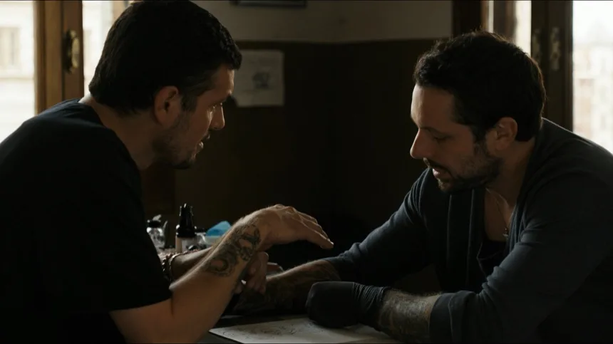 Consulta de cover up de tatuaje entre artista y cliente en el estudio